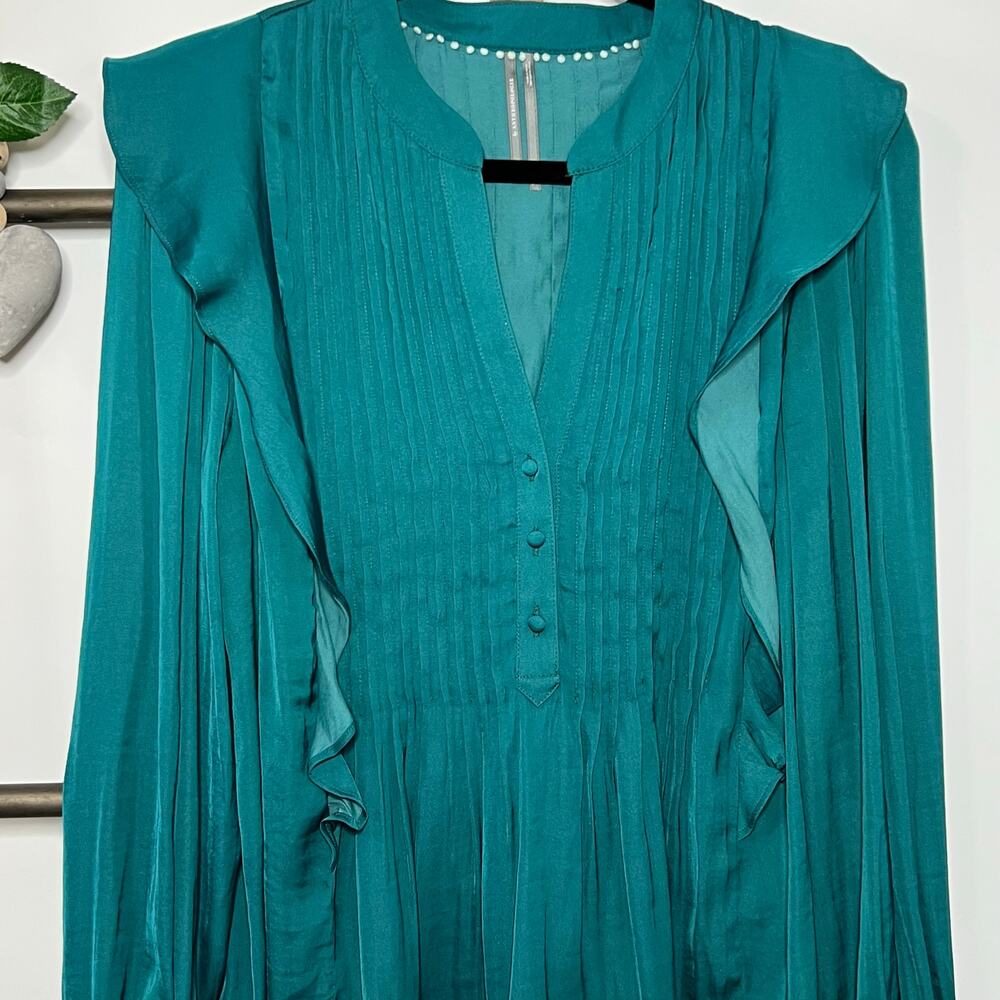 Anthropologie Long Sleeve Teal Pintuck Blouse Size Medium - Picture 5 of 7